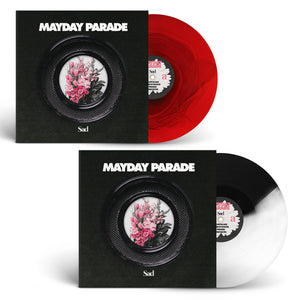 Two limited edition Mayday Parade Sad EP vinyls: the Black and Clear Blend Variant and the Red Ripple Variant, each partially in a black album cover with a circular floral arrangement.