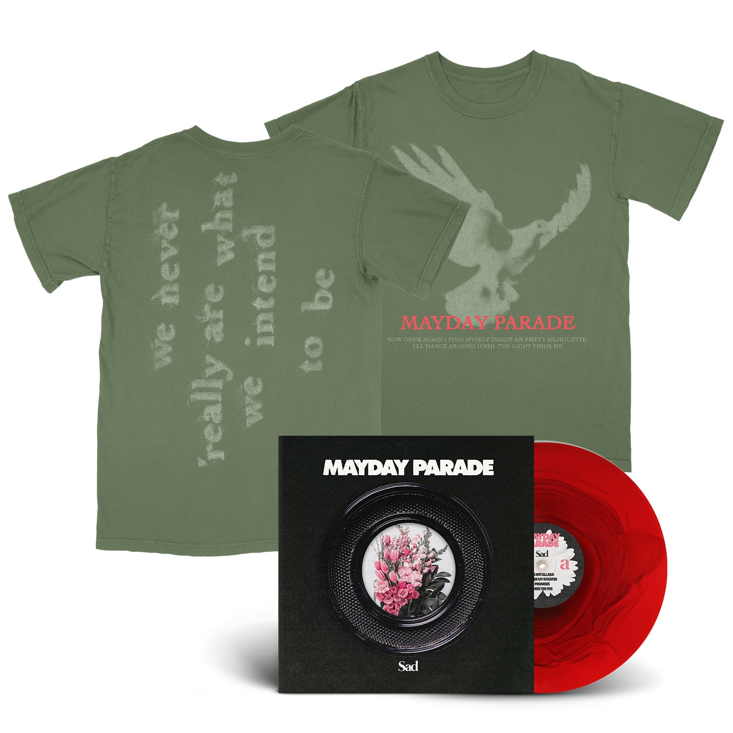 Olive green Mayday Parade Comfort Colors T-shirt with flying bird graphic and lyrics on the back, shown next to a red vinyl record and Sad album cover featuring a black, floral design.