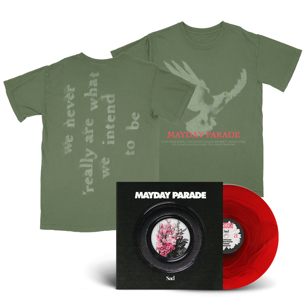 Olive green Mayday Parade Comfort Colors T-shirt with flying bird graphic and lyrics on the back, shown next to a red vinyl record and Sad album cover featuring a black, floral design.