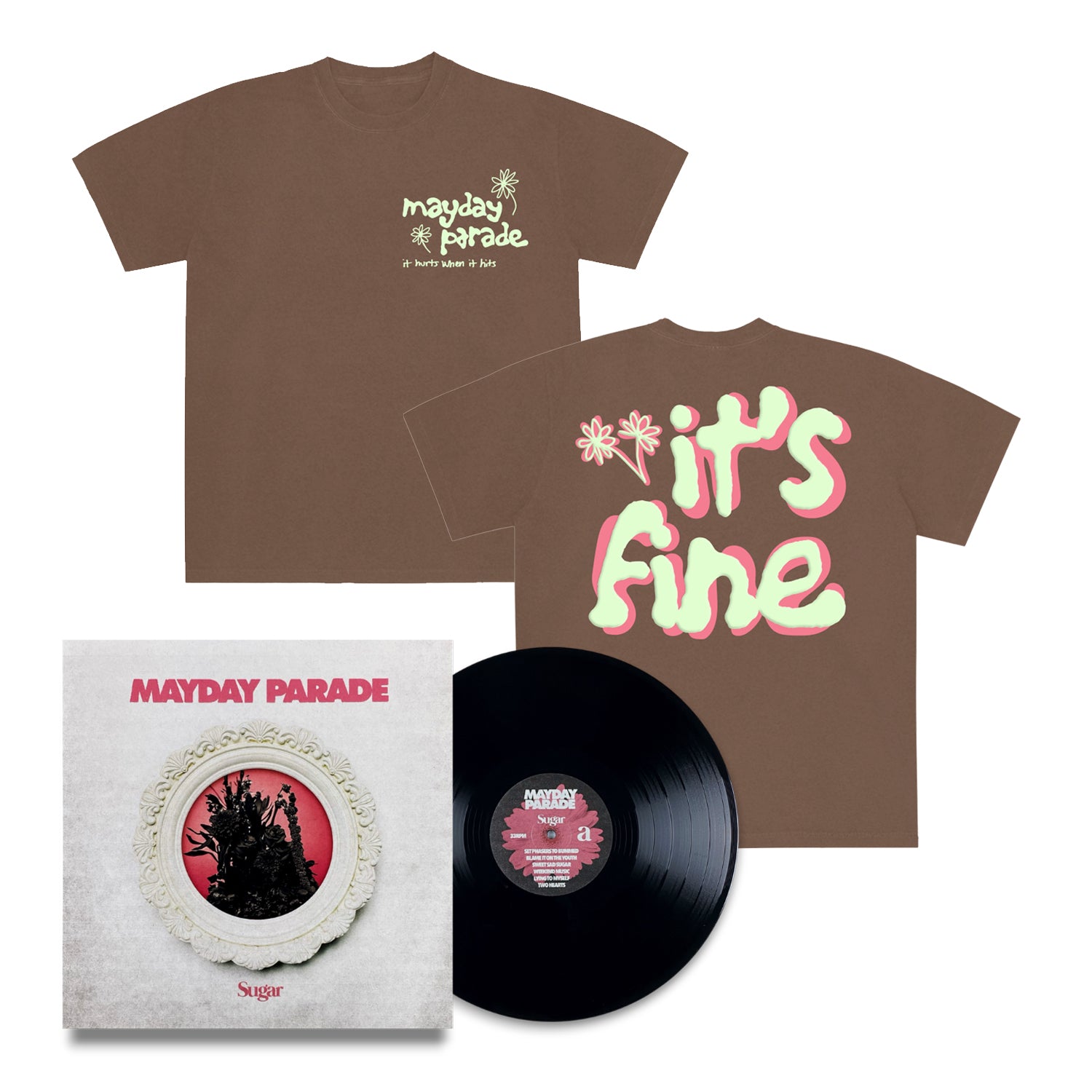A brown Mayday Parade Comfort Colors T-Shirt with small front text and large 