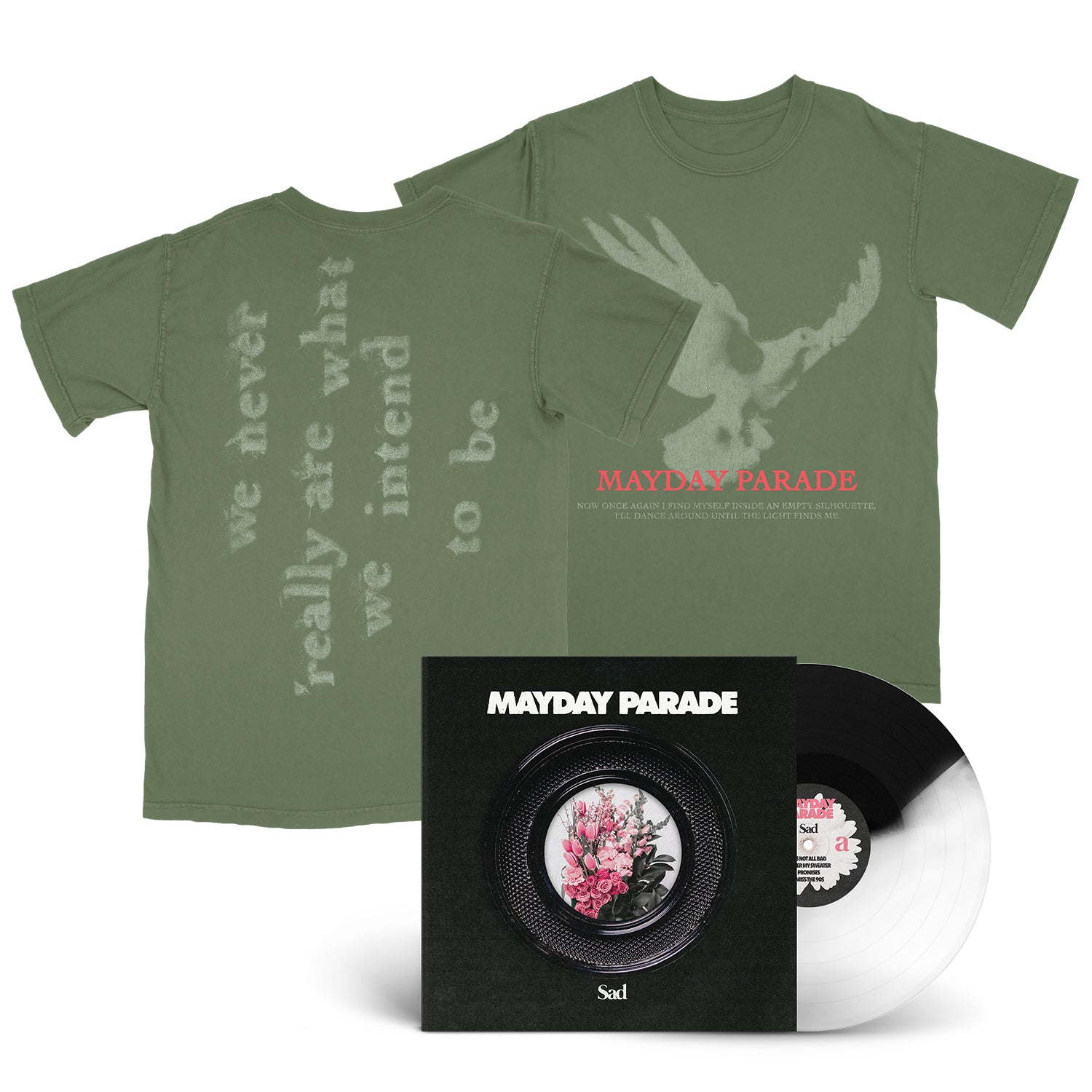 Limited Edition Mayday Parade olive green Comfort Colors T-shirt with text and bird graphic, paired with a black-and-white vinyl record and an album cover featuring pink flowers in a circle and the bands name in white at the top.
