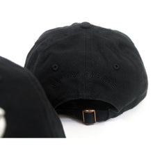 Load image into Gallery viewer, image of the back of a black dad hat on a white background. back of the dad hat has black arched embroidery that says mayday parade
