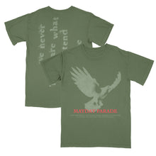Load image into Gallery viewer, Front and back view of an olive green Mayday Parade Comfort Colors tee with a large eagle graphic and MAYDAY PARADE in red on the front; faded white text is printed vertically down the back.
