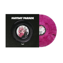 Load image into Gallery viewer, A pink marbled vinyl record, partially inside its cover, displays "Mayday Parade" and "Sad" on a black background with pink flowers and purple smoke swirling in a black circle. Brand: Mayday Parade.
