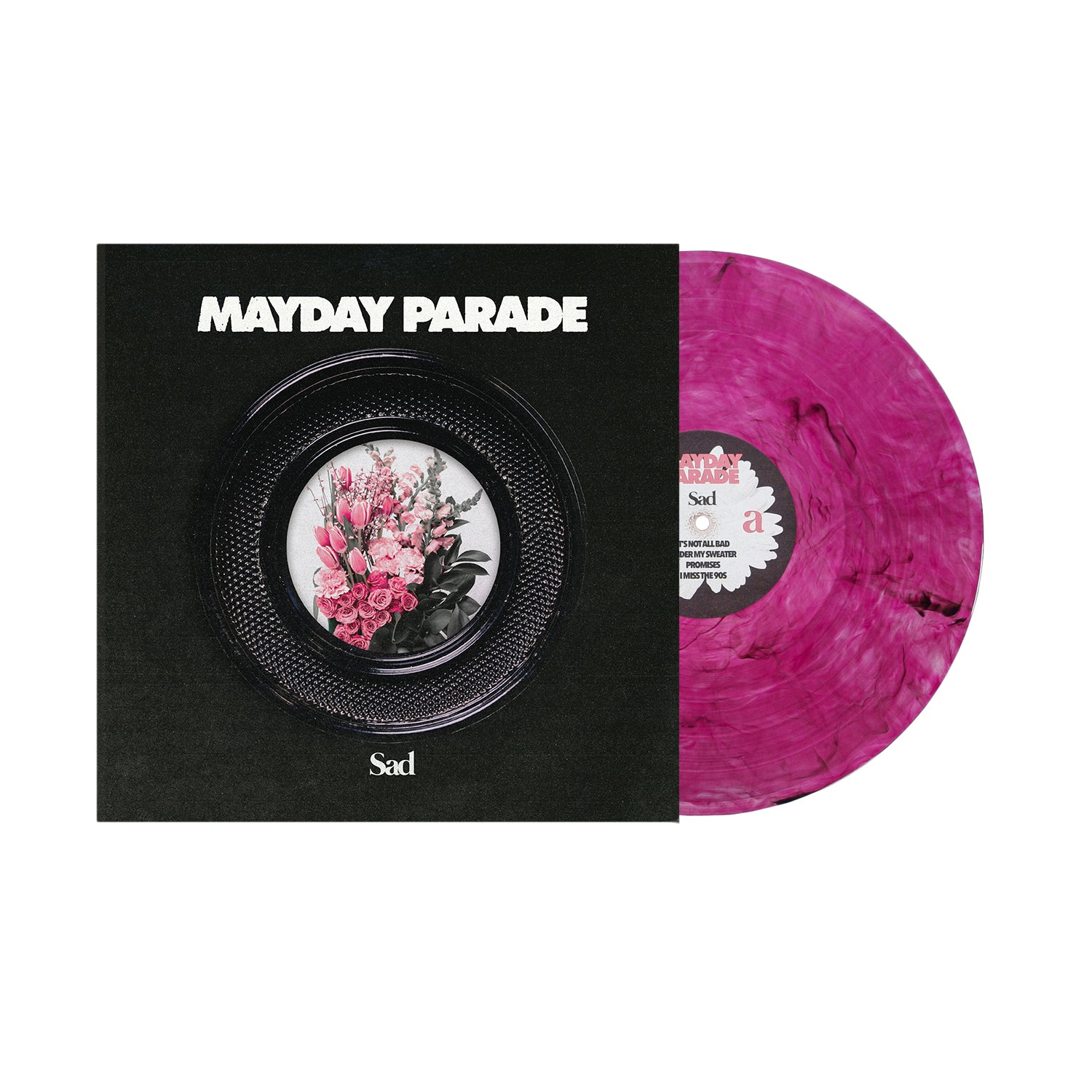 A pink marbled vinyl record, partially inside its cover, displays 