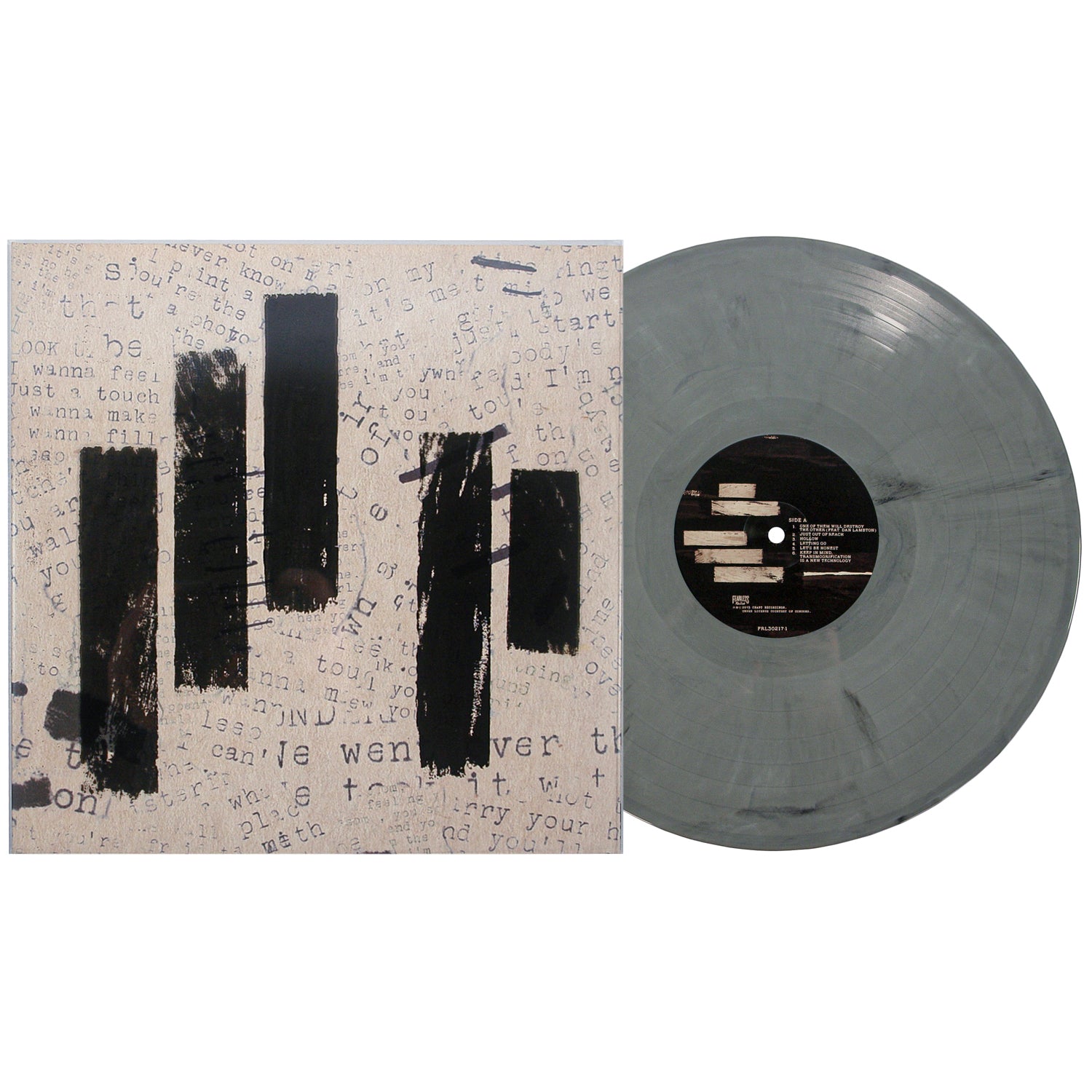 A Graphite Vinyl LP by Mayday Parade sits beside an album cover featuring scattered typed words and four bold black brushstroke-like lines on a light background.
