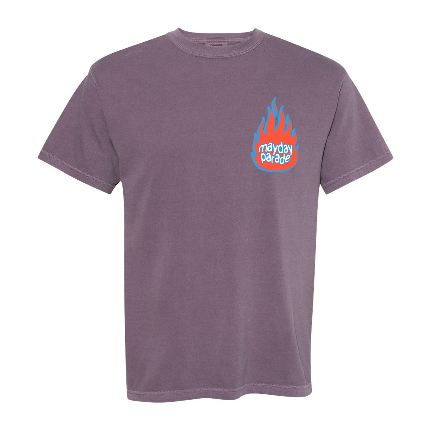 A faded purple Mayday Parade t-shirt with a small blue and red flame graphic and “mayday parade” text on the left chest—a stylish choice for Burning Together Wine fans.