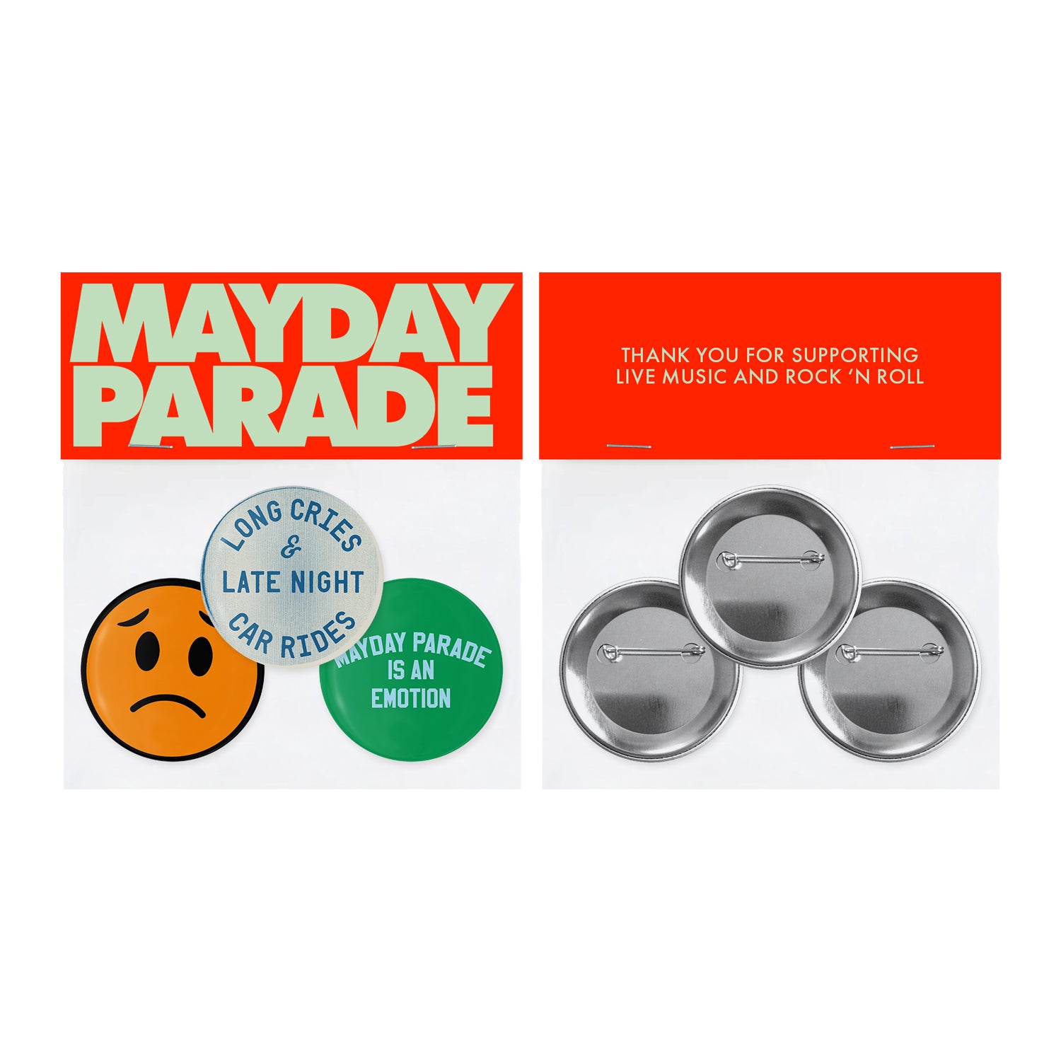 Mayday Parade button set with a sad orange face, green “Mayday Parade is an emotion,” and blue “Long Cries & Late Night Car Rides” pins, packaged in orange and white.