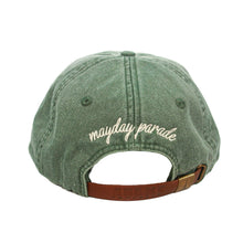Load image into Gallery viewer, A green denim Mayday Parade Pigment Dyed Dad Hat viewed from the back, with &quot;mayday parade&quot; embroidered in white script above a brown adjustable leather strap.
