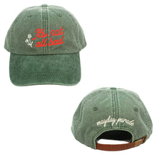 Load image into Gallery viewer, A green Adams Pigment Dyed Dad Hat by Mayday Parade features “It’s not all bad” and a red and white rose embroidered on the front, with “mayday parade” stitched in white above the adjustable brown strap on the back.
