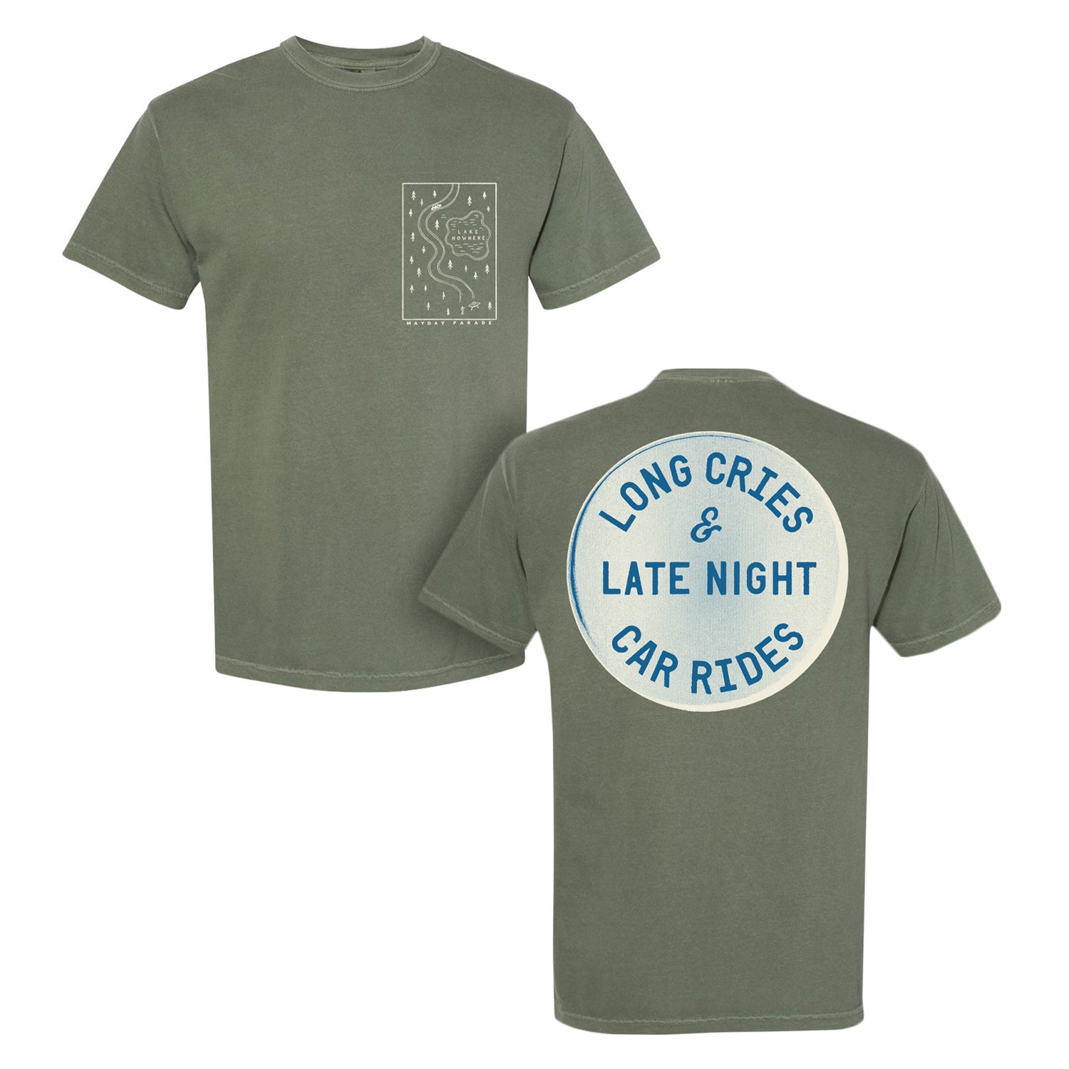 Mayday Parade olive green Comfort Colors t-shirt with a small front left chest graphic and a large circular back design reading “LONG CRIES & LATE NIGHT CAR RIDES” in blue capital letters.