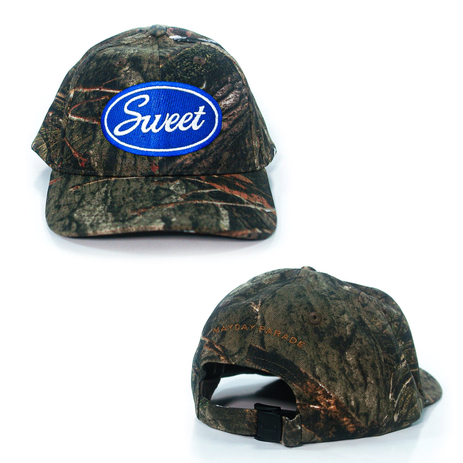 A camo baseball cap by Mayday Parade is shown front and back. The front features a blue oval patch with Sweet in white, while MAYDAY PARADE is embroidered in gold above the adjustable strap on the back.