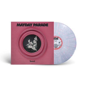 A translucent white and pink splatter vinyl record is shown partially out of its pink album cover. Sweet by Mayday Parade features a central framed black-and-white floral artwork on the front.