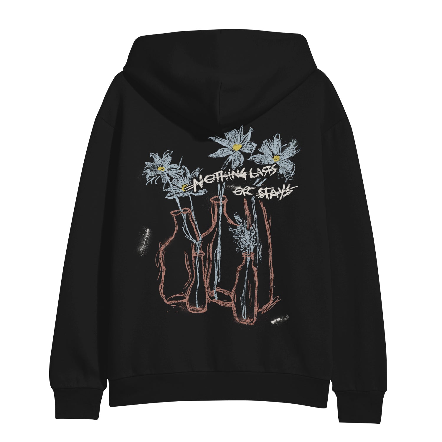 This black Mayday Parade Gildan Heavy Blend hoodie showcases a print of three blue flowers in vases with "NOTHING LASTS OR STAYS" distressed in white text across the center.