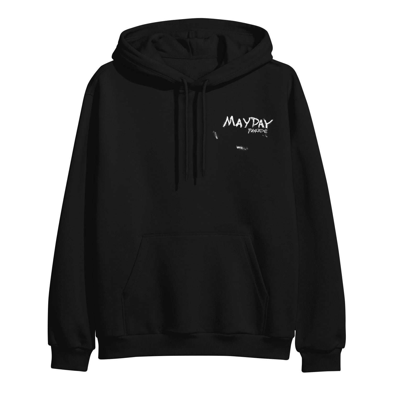 A black Mayday Parade hoodie with a front pocket and drawstrings features "Mayday Parade" printed in white on the left chest.