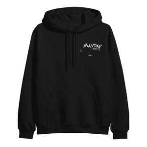 A black Mayday Parade hoodie with a front pocket and drawstrings features "Mayday Parade" printed in white on the left chest.