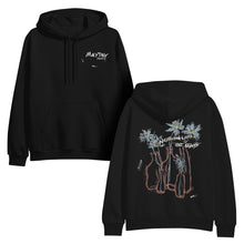 Load image into Gallery viewer, Mayday Parade pullover hoodie by Gildan Heavy Blend in black with “MAYDAY PARADE” on the front left chest and a line drawing of flowers in vases with handwritten text “NOTHING LIVES OR STAYS” on the back.
