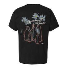 Load image into Gallery viewer, Mayday Parade Black ComfortWash Pocket T-Shirt features a back print of three hand-drawn vases with white flowers and “NOTHING LASTS OR STAYS” text—ideal for fans of unique graphic tees.
