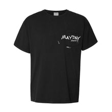 Load image into Gallery viewer, A black Mayday Parade short-sleeve tee featuring the band&#39;s name in white handwritten-style text on the upper left chest. Inspired by classic Hanes Pocket T-Shirts, it offers a simple, relaxed fit with no other graphics.

