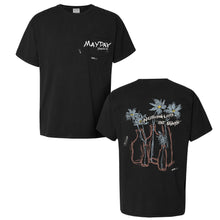 Load image into Gallery viewer, The Mayday Parade ComfortWash Black Pocket T-Shirt features a small band logo and chest pocket on the front. The back showcases hand-drawn vases with daisies and &quot;NOTHING LASTS FOREVER&quot; in white text.

