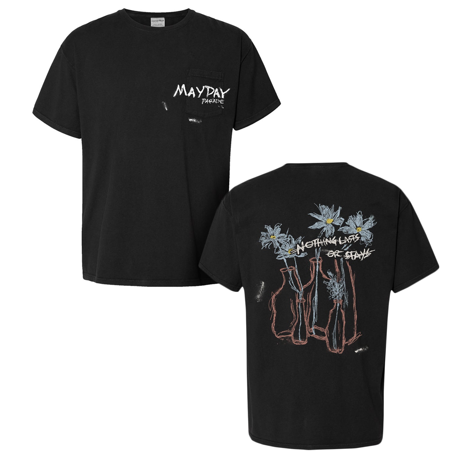 The Mayday Parade ComfortWash Black Pocket T-Shirt features a small band logo and chest pocket on the front. The back showcases hand-drawn vases with daisies and 