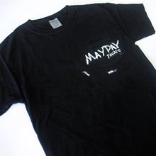 Load image into Gallery viewer, A black Mayday Parade ComfortWash Pocket T-Shirt with a front pocket and white distressed &quot;MAYDAY PARADE&quot; text, displayed flat on a white background.
