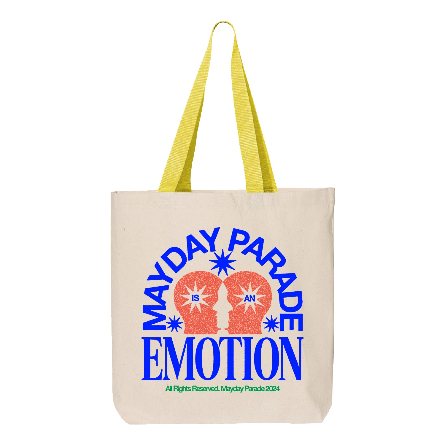 This beige Mayday Parade tote bag has natural yellow handles, bold blue “Mayday Parade Is An Emotion” text, an orange two-face graphic with stars, and small green “All Rights Reserved. Mayday Parade 2024.” text below.