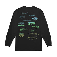 Load image into Gallery viewer, image of the back of a black long sleeve tee on a white background. back of the tee  has the track list scattered around the full back of their self titled album
