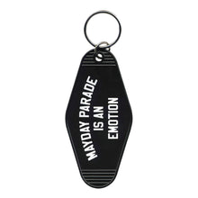 Load image into Gallery viewer, image of a black, plastic rhombus shaped key ring. in white text on top of the keyring says mayday parade is an emotion
