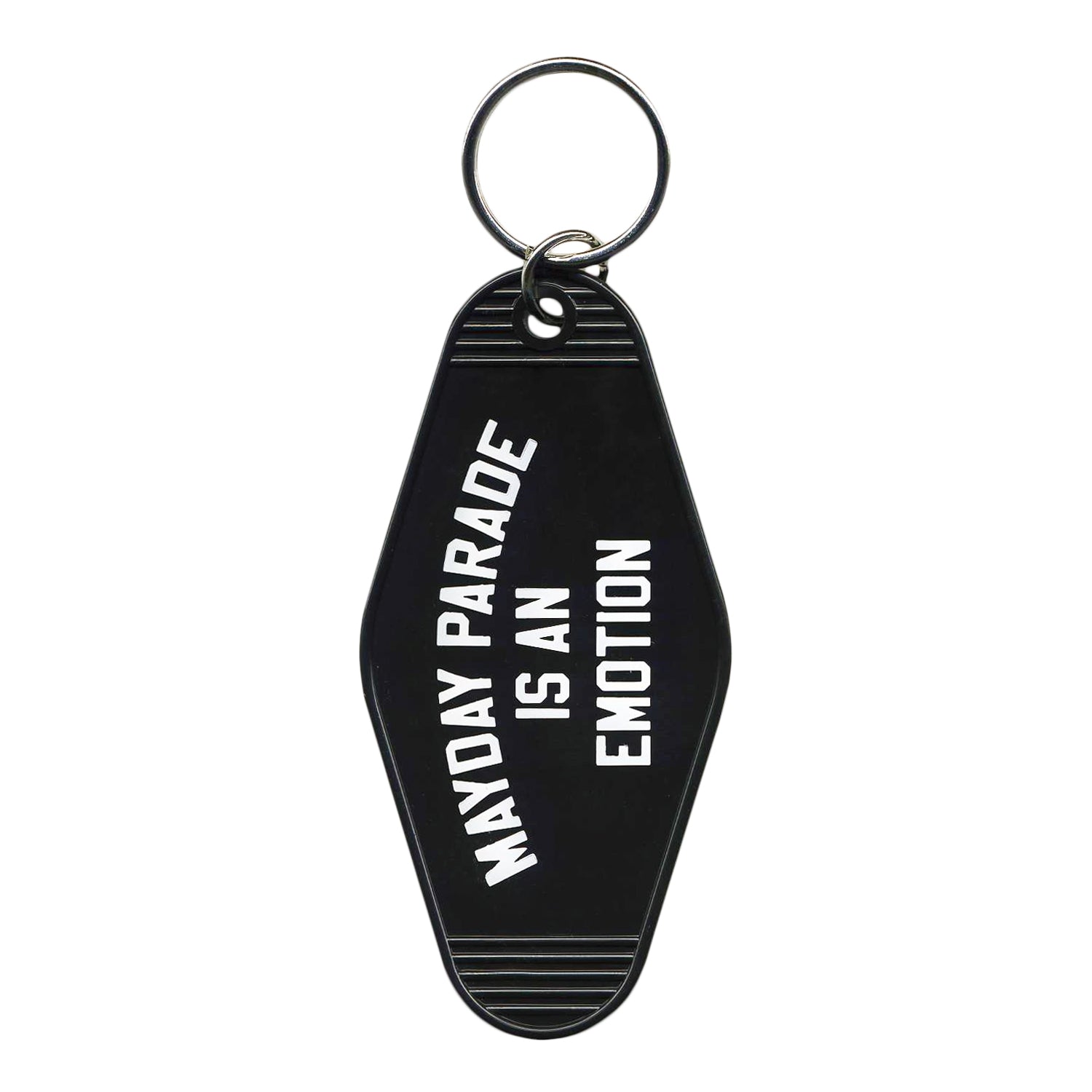 image of a black, plastic rhombus shaped key ring. in white text on top of the keyring says mayday parade is an emotion