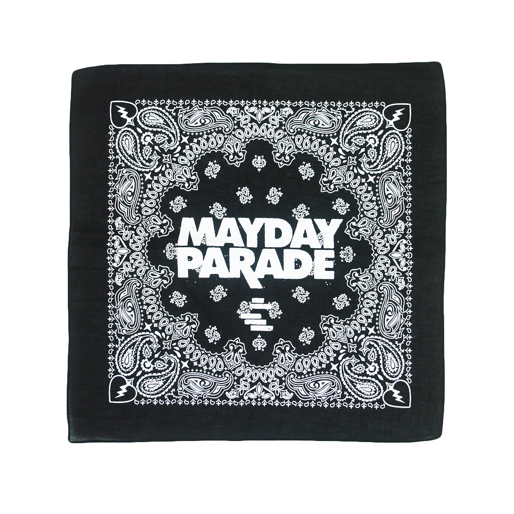 image of a square black bandana on a white background. the bandana is black with white print of paisley patterns and mayday parade in the center