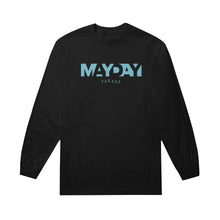 Load image into Gallery viewer, image of the front of a black long sleeve tee on a white background. the front of the tee tee is on the left and has a small center chest print in blue gradient that says mayday parade
