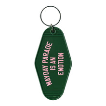 Load image into Gallery viewer, image of a forest green, plastic rhombus shaped key ring. in pink text on top of the keyring says mayday parade is an emotion

