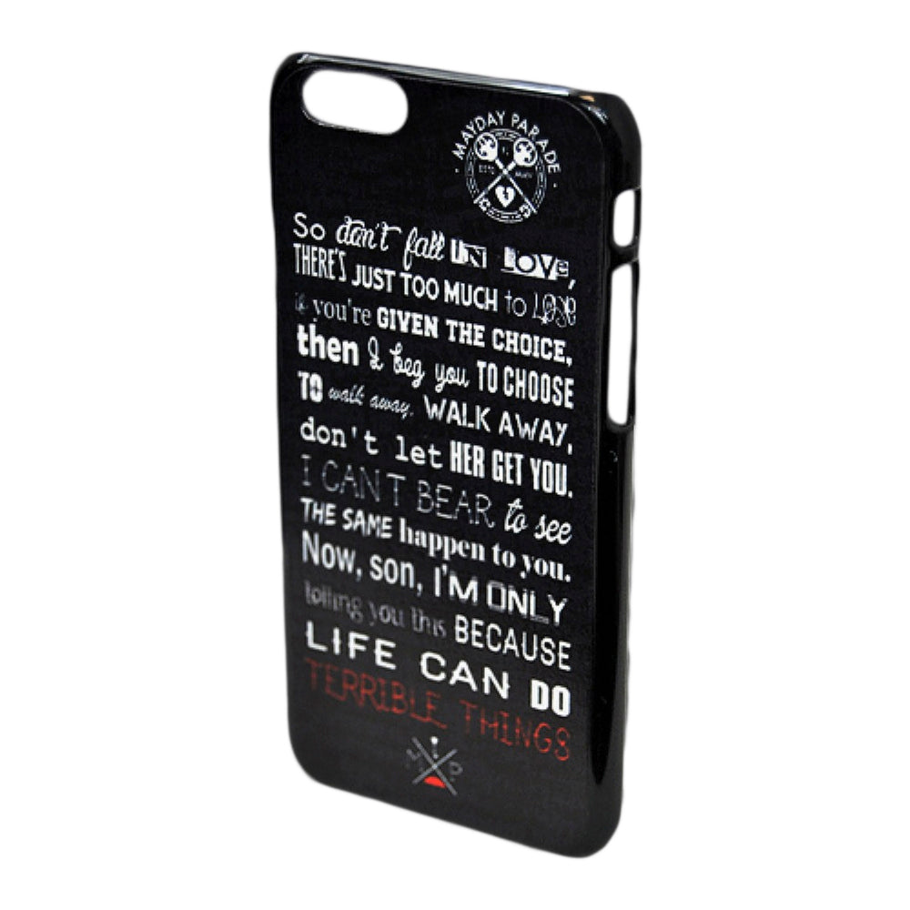 image of a black i phone 4 case on a white background with words written in different fonts covering the case. these are song lyrics of terrible things by mayday parade