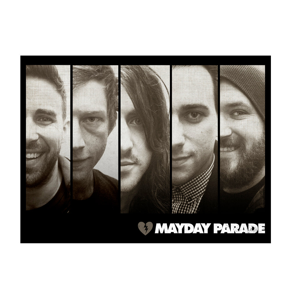 image of a rectangle poster on a white background. poster is black and white portrait photos in 5 vertical rectangles of the left side of five mens faces. the bottom right has a broken heart and says mayday parade