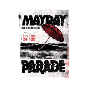 image of a black and white screenprinted poster for mayday parade out of here session on october 24, 2020. red umbrella over the ocean is the art
