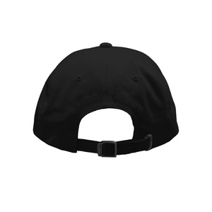 image of the back of a black dad hat on a white background. back of the dad hat has black arched embroidery that says mayday parade
