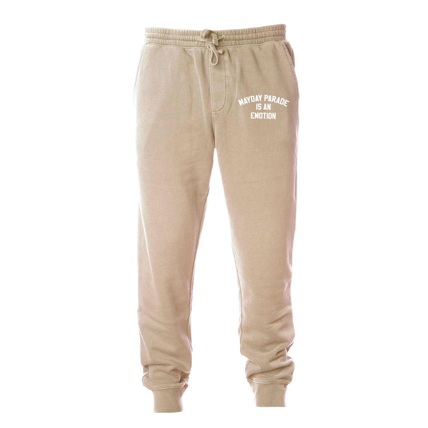 image of tan jogger sweatpants on a white background. joggers have a tied drawstring around the elastic waist and a small print at the top right next to the pocket in white that says mayday parade is an emotion