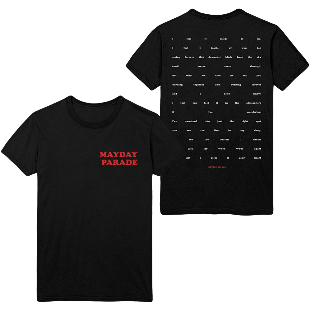 image of the front and back of a black tee shirt on a white background. front of tee is on the left and has a small chest print of the right that says in red mayday parade, the back is on the right and has a full back print in white that has spaced out text of song lyrics
