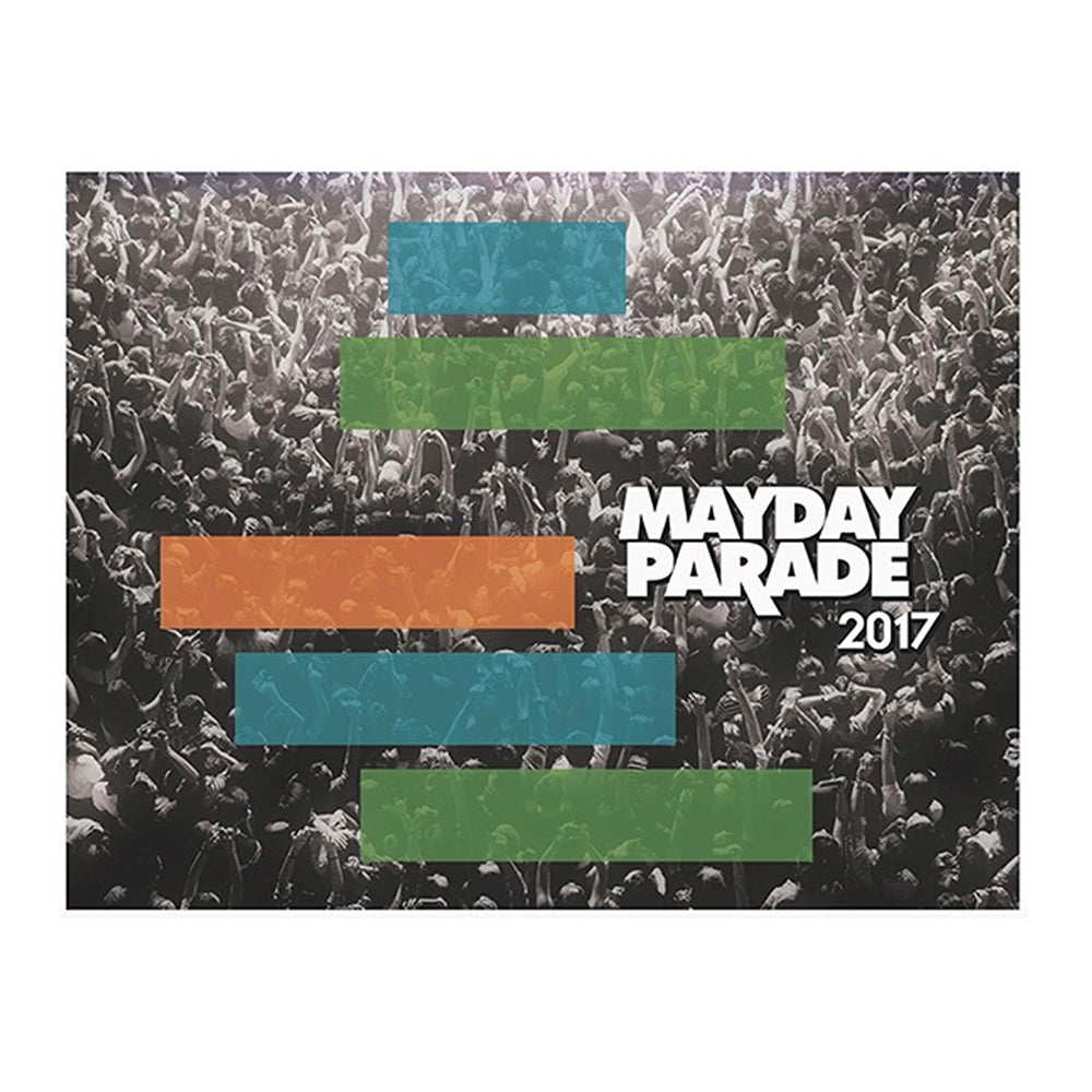 image of the front of a calendar for the year 2017. image has a black and white shot above of the crowd at a concert. with blue, green and orange rectangles and mayday parade 2017 on the right center in white text.