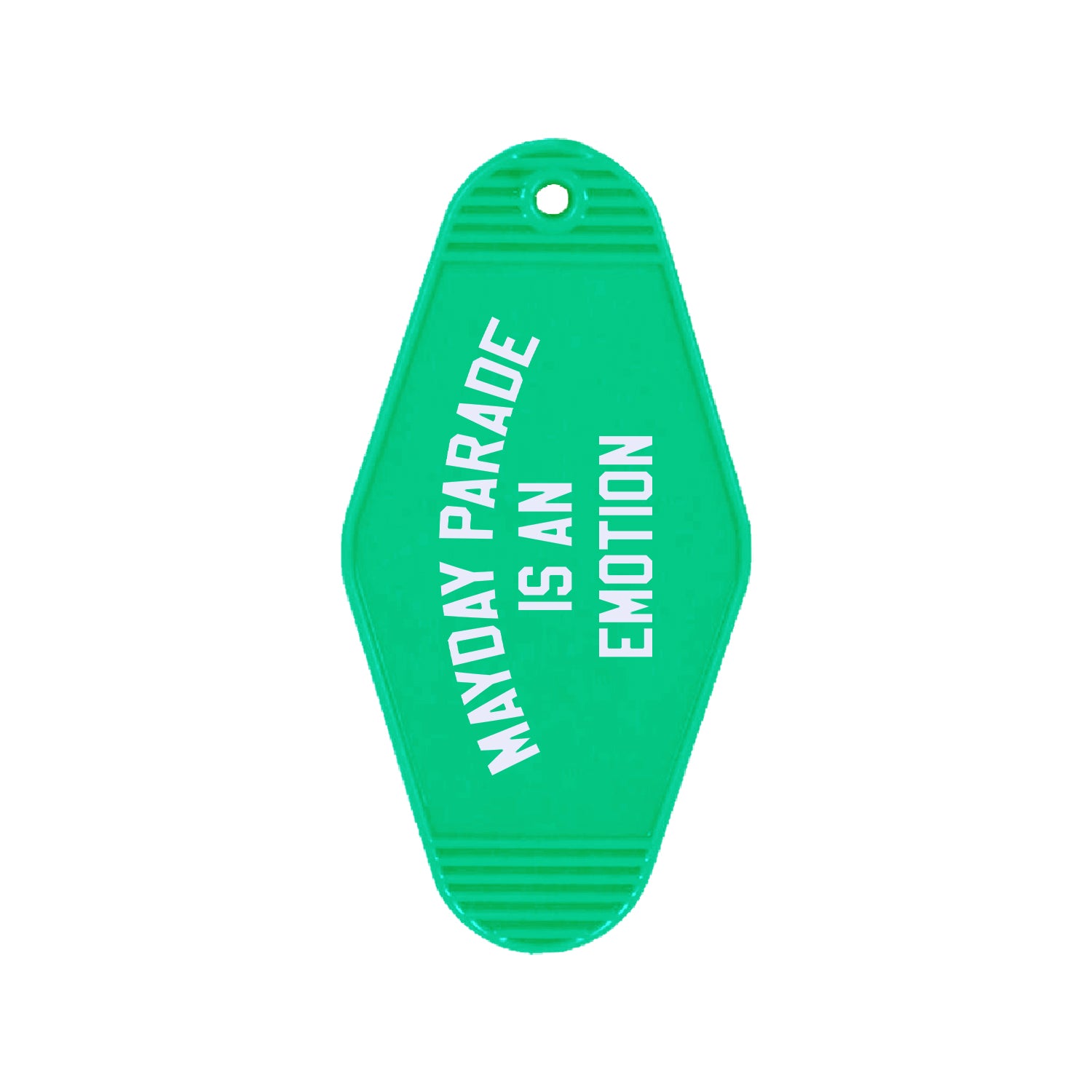 image of a teal, plastic rhombus shaped key ring. in white text on top of the keyring says mayday parade is an emotion