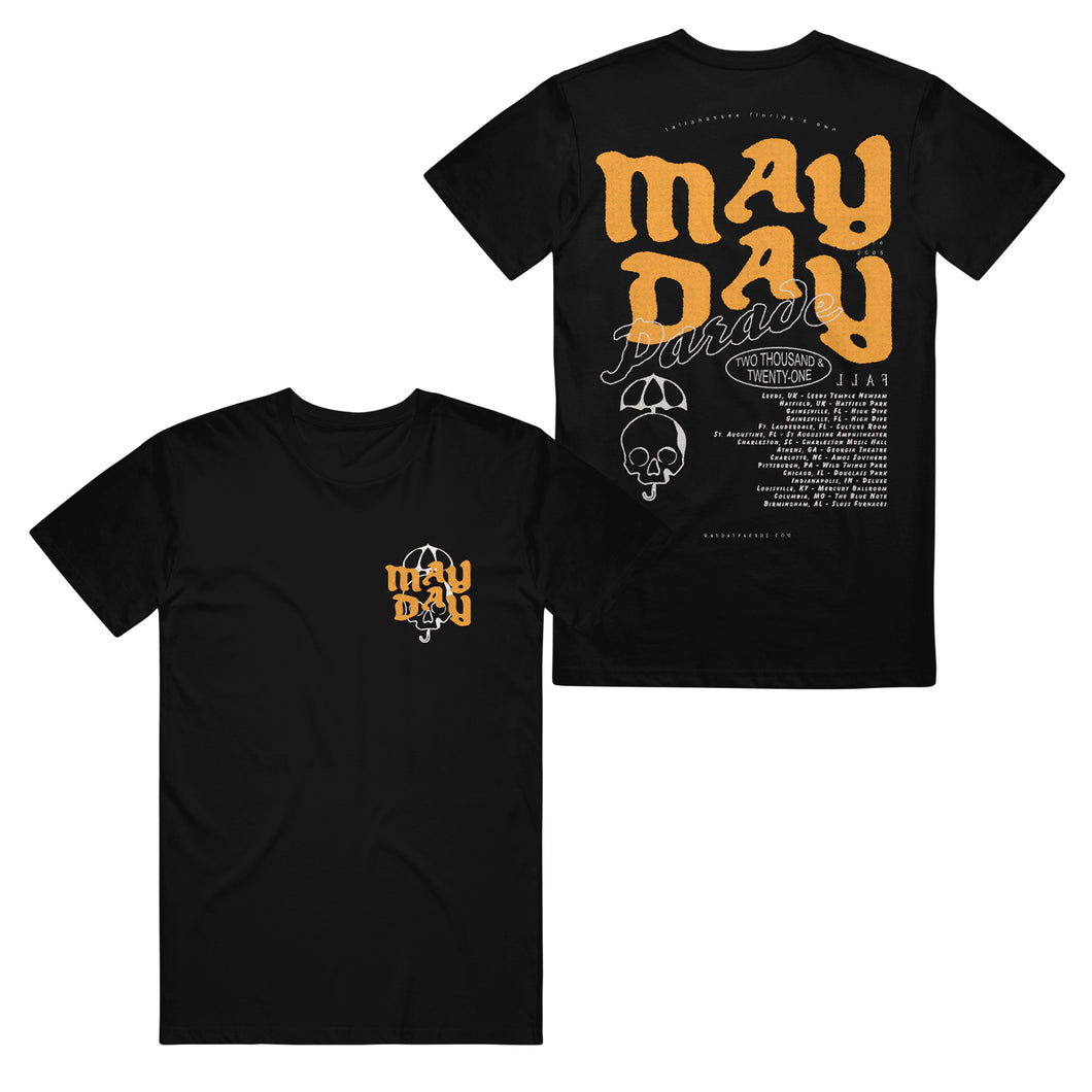 front and back images of a black tee shirt on a white background. front of tee is on the left and has a small right chest print in white of a skull and umbrella with yellow print over it that is stacked and says may day. the back of the tee is on the right and has a full back print that says in stacked yellow print may day and the rest is white that says parade, a skull with umbrella and the fall 2021 tour dates.