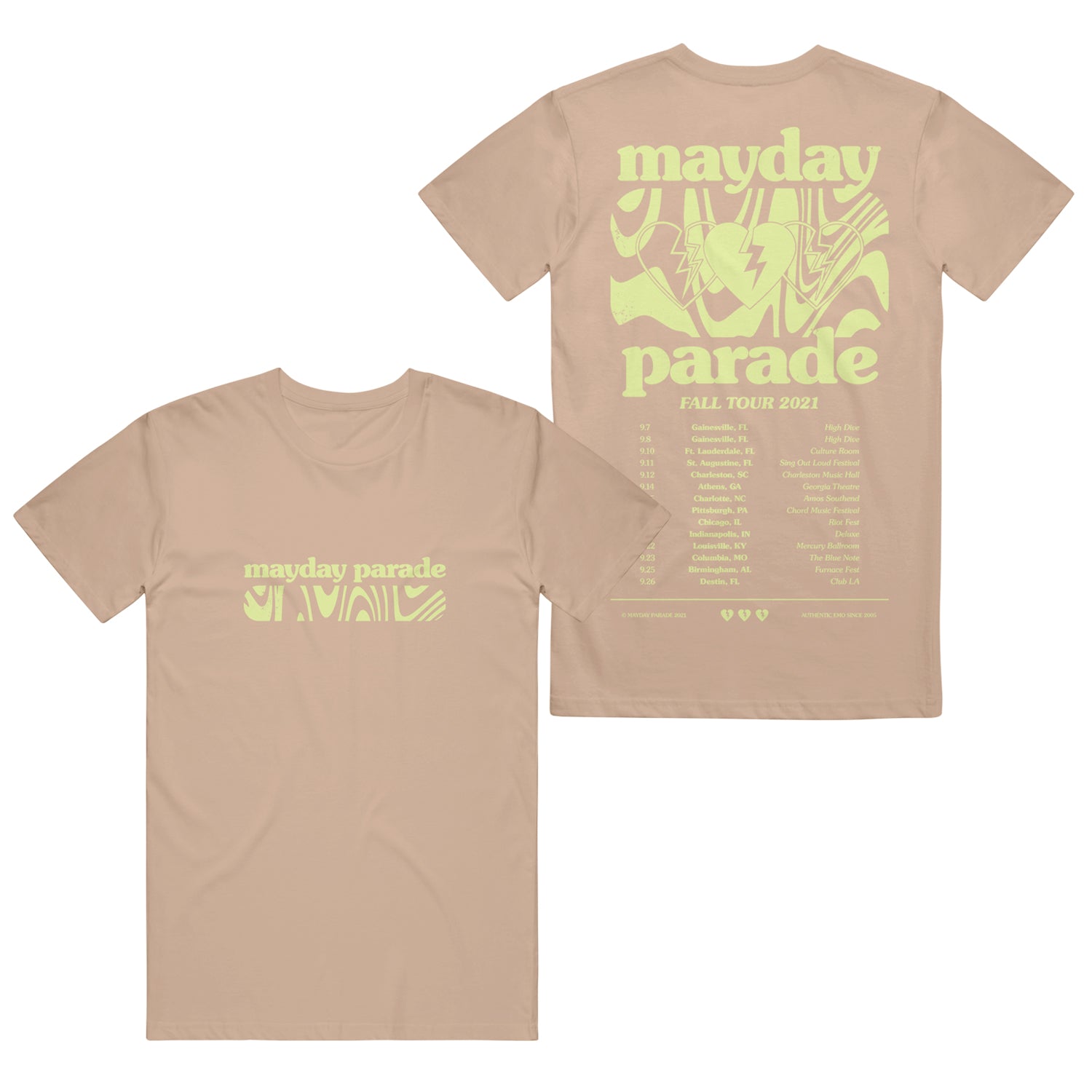 image of the front and back of a tan tee shirt on a white background. front is on the left and has a chest print in lime green across the chest that says mayday parade with squiggles below. back is on the right with full print in green that says mayday on top, squiggles and broken heart below, parade below that and then fall 2021 tour dates below, filling the back of the shirt.