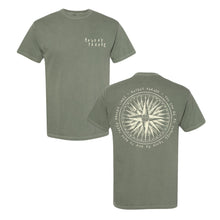 Load image into Gallery viewer, image of the front and back of a moss tee shirt on a white background. front of the the tee is on the left and has a small chest print on the right in puff print that says mayday parade. the back of the tee shirt is on the right and has a full back print of a compass
