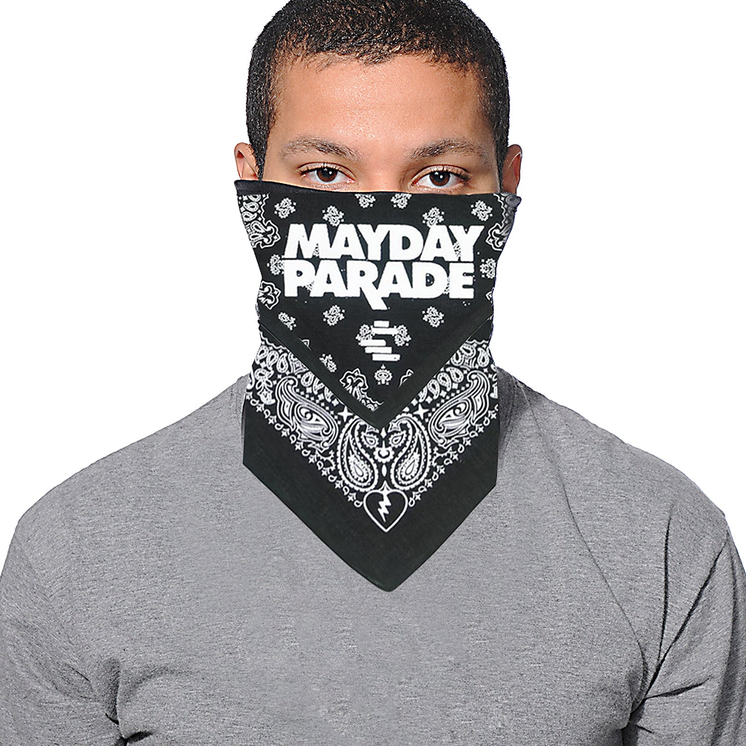 image of a man with short dark hair and a grey tee shirt wearing a black bandana wrapped around his face on a white background. the bandana is black with white print of paisley patterns and mayday parade in the center