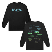 Load image into Gallery viewer, image of the front and back of a black long sleeve tee shirt on a white background. front of the tee is on the left and has a small center chest print in blue gradient that says mayday parade. the back of the long sleeve tee is on the right and has the track list scattered around the full back of their self titled album
