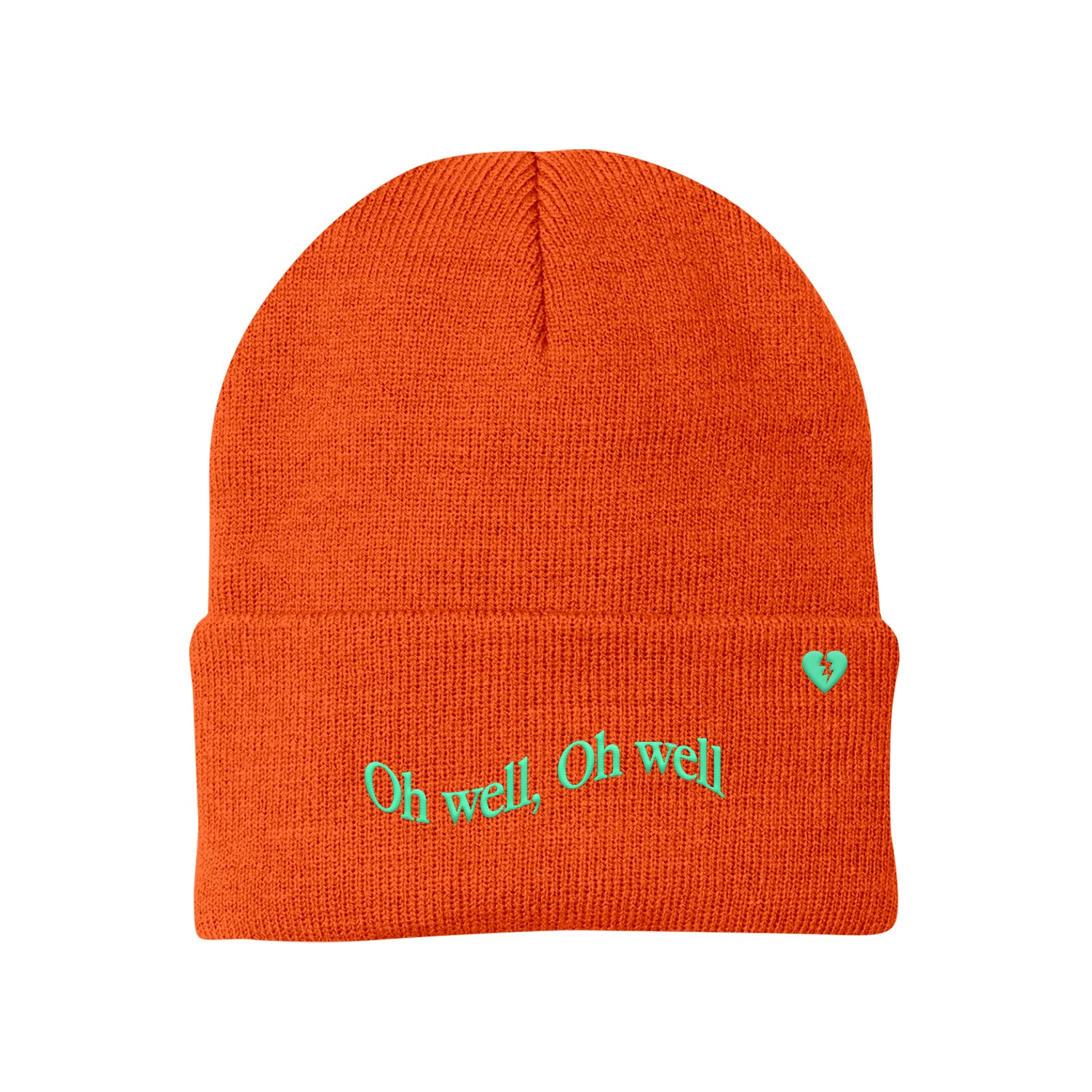 image of an orange winter beanie on a white background. front of the beanie has light green embroidery on the cuff that says oh well, oh well and a small broken heart