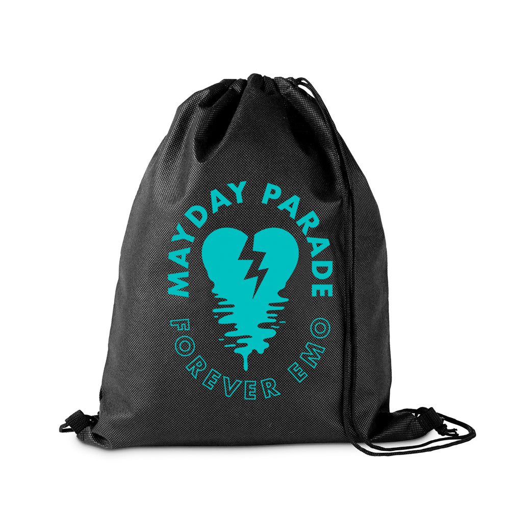 image of a black cinch bag on a white background. the front of the bag has teal print covering it that has arched text in teal that says mayday parade, with a melting broken heart below and outlined arched text that says forever emo below.