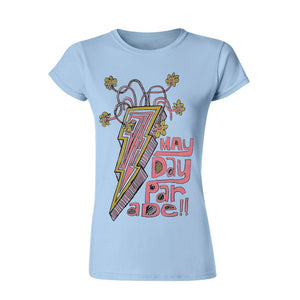 image of a women's light bkue tee shirt on a white background. tee has a full chest print of a lightning bolt with flowers coming out of it in yellow and pink print. to the left stacked in pink says mayday parade !!
