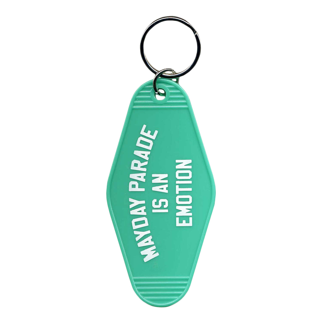 image of a teal, plastic rhombus shaped key ring. in white text on top of the keyring says mayday parade is an emotion